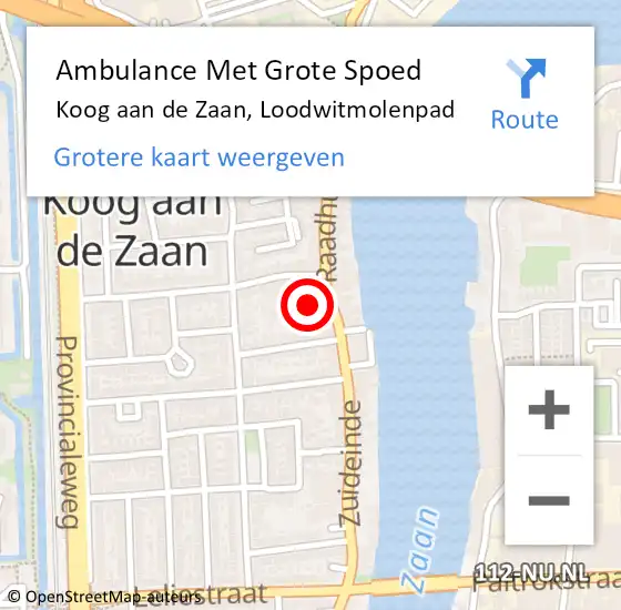 Locatie op kaart van de 112 melding: Ambulance Met Grote Spoed Naar Koog aan de Zaan, Loodwitmolenpad op 5 augustus 2021 16:51