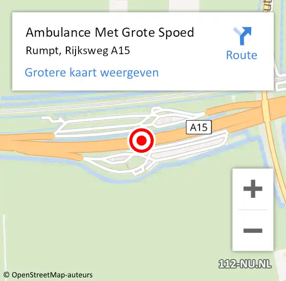 Locatie op kaart van de 112 melding: Ambulance Met Grote Spoed Naar Rumpt, Rijksweg A15 op 5 augustus 2021 18:26