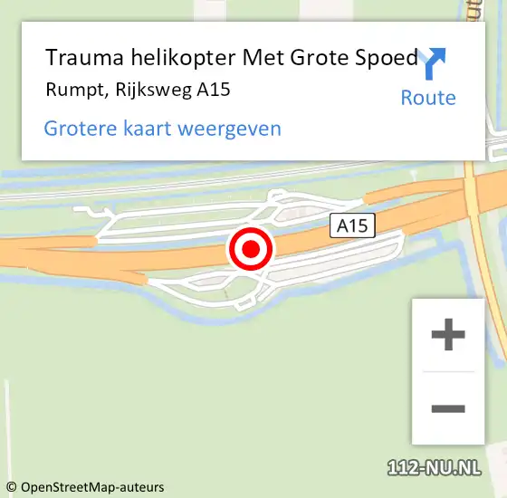 Locatie op kaart van de 112 melding: Trauma helikopter Met Grote Spoed Naar Rumpt, Rijksweg A15 op 5 augustus 2021 18:27