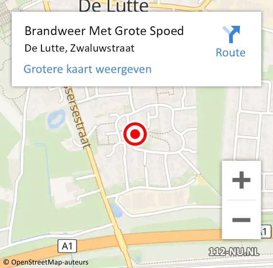 Locatie op kaart van de 112 melding: Brandweer Met Grote Spoed Naar De Lutte, Zwaluwstraat op 5 augustus 2021 21:08