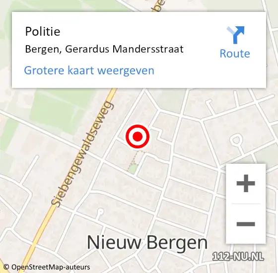 Locatie op kaart van de 112 melding: Politie Bergen, Gerardus Mandersstraat op 5 augustus 2021 22:12