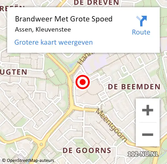 Locatie op kaart van de 112 melding: Brandweer Met Grote Spoed Naar Assen, Kleuvenstee op 6 augustus 2021 07:49