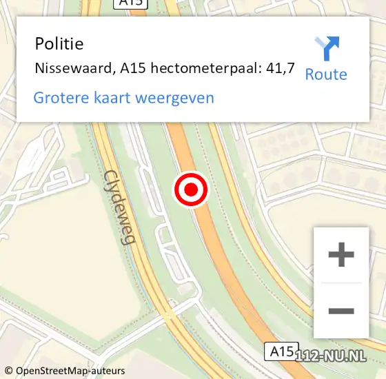 Locatie op kaart van de 112 melding: Politie Bernisse, A15 hectometerpaal: 41,7 op 6 augustus 2021 08:18