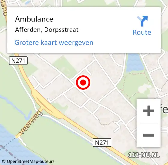 Locatie op kaart van de 112 melding: Ambulance Afferden, Dorpsstraat op 6 augustus 2021 09:38