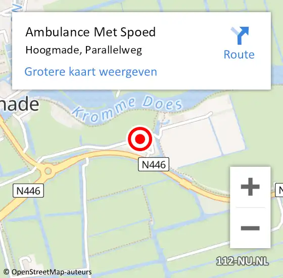 Locatie op kaart van de 112 melding: Ambulance Met Spoed Naar Hoogmade, Parallelweg op 6 augustus 2021 10:16