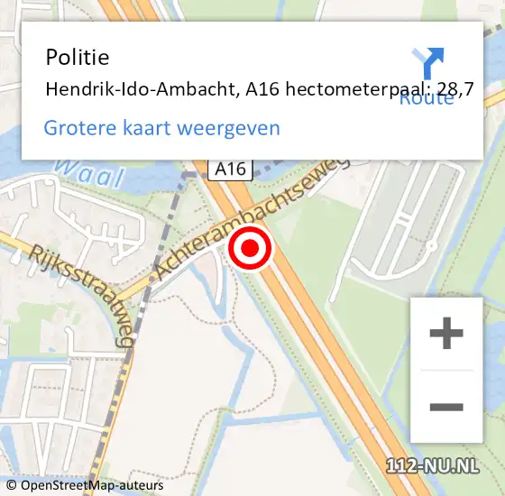 Locatie op kaart van de 112 melding: Politie Ridderkerk, A16 hectometerpaal: 28,7 op 6 augustus 2021 10:58