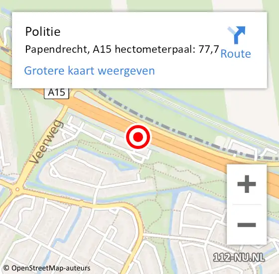 Locatie op kaart van de 112 melding: Politie Papendrecht, A15 hectometerpaal: 77,7 op 6 augustus 2021 11:19
