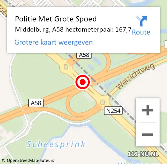 Locatie op kaart van de 112 melding: Politie Met Grote Spoed Naar Middelburg, A58 hectometerpaal: 167,7 op 6 augustus 2021 11:51