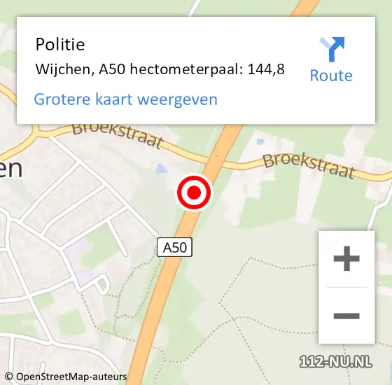 Locatie op kaart van de 112 melding: Politie Wijchen, A50 hectometerpaal: 144,8 op 6 augustus 2021 11:56