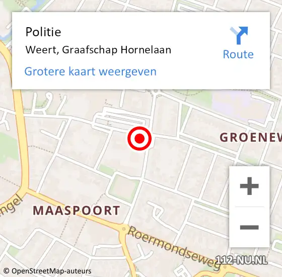 Locatie op kaart van de 112 melding: Politie Weert, Graafschap Hornelaan op 6 augustus 2021 12:43