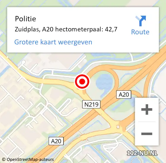 Locatie op kaart van de 112 melding: Politie Zuidplas, A20 hectometerpaal: 42,7 op 6 augustus 2021 13:53