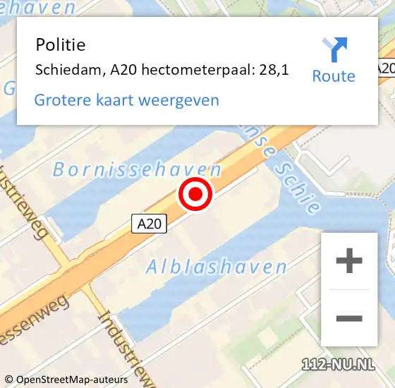 Locatie op kaart van de 112 melding: Politie Rotterdam, A20 hectometerpaal: 28,1 op 6 augustus 2021 14:01