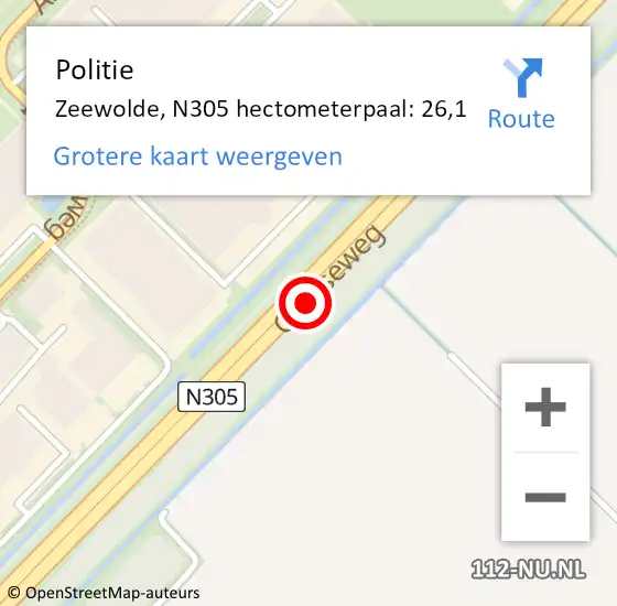 Locatie op kaart van de 112 melding: Politie Zeewolde, N305 hectometerpaal: 26,1 op 6 augustus 2021 14:11