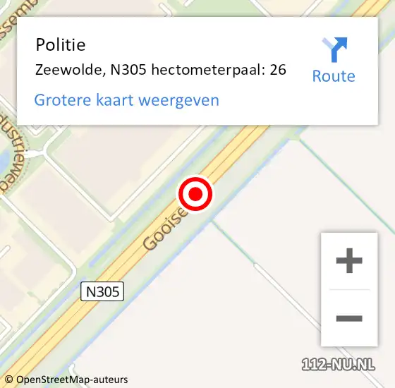 Locatie op kaart van de 112 melding: Politie Zeewolde, N305 hectometerpaal: 26 op 6 augustus 2021 14:12