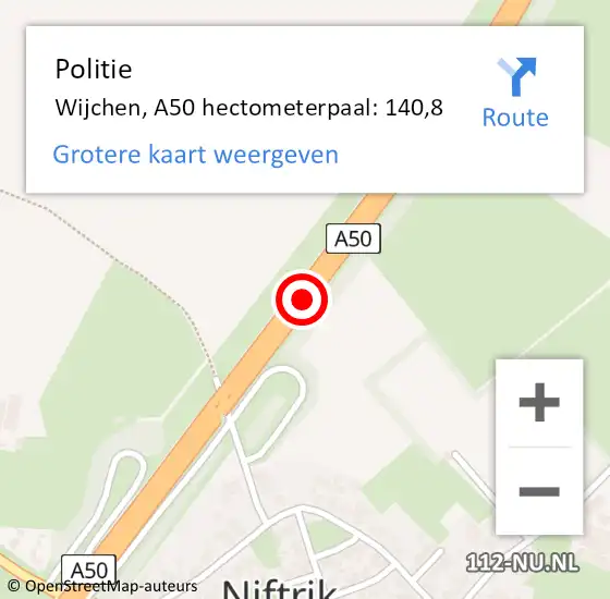 Locatie op kaart van de 112 melding: Politie Wijchen, A50 hectometerpaal: 140,8 op 6 augustus 2021 14:49