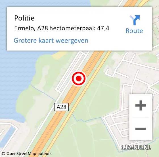 Locatie op kaart van de 112 melding: Politie Ermelo, A28 hectometerpaal: 47,4 op 6 augustus 2021 15:38