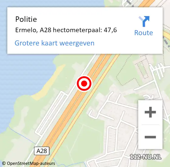 Locatie op kaart van de 112 melding: Politie Ermelo, A28 hectometerpaal: 47,6 op 6 augustus 2021 15:39