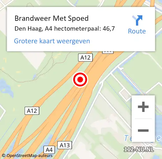 Locatie op kaart van de 112 melding: Brandweer Met Spoed Naar Den Haag, A4 hectometerpaal: 46,7 op 6 augustus 2021 18:30