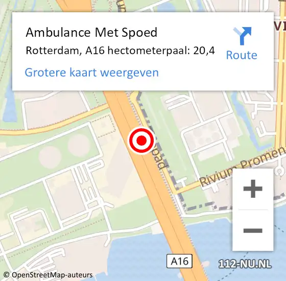 Locatie op kaart van de 112 melding: Ambulance Met Spoed Naar Rotterdam, A16 hectometerpaal: 20,4 op 6 augustus 2021 20:08