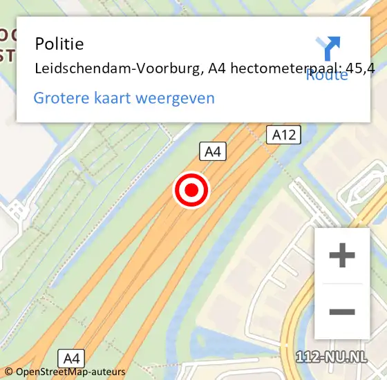 Locatie op kaart van de 112 melding: Politie Leidschendam-Voorburg, A4 hectometerpaal: 45,4 op 6 augustus 2021 20:28