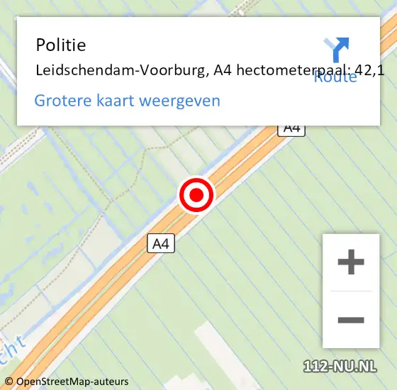 Locatie op kaart van de 112 melding: Politie Leidschendam-Voorburg, A4 hectometerpaal: 42,1 op 6 augustus 2021 20:35