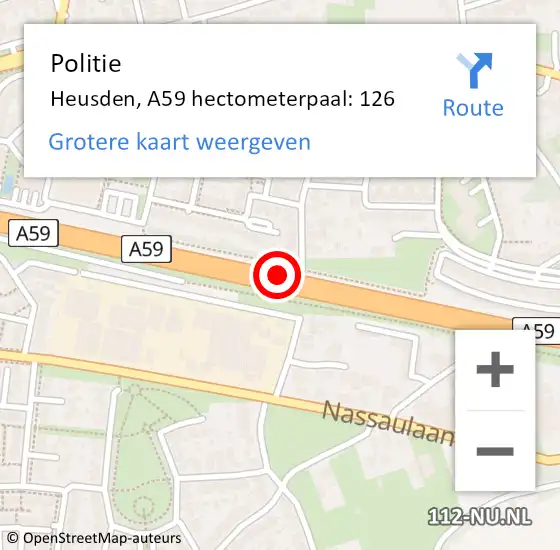 Locatie op kaart van de 112 melding: Politie Heusden, A59 hectometerpaal: 126 op 6 augustus 2021 21:22