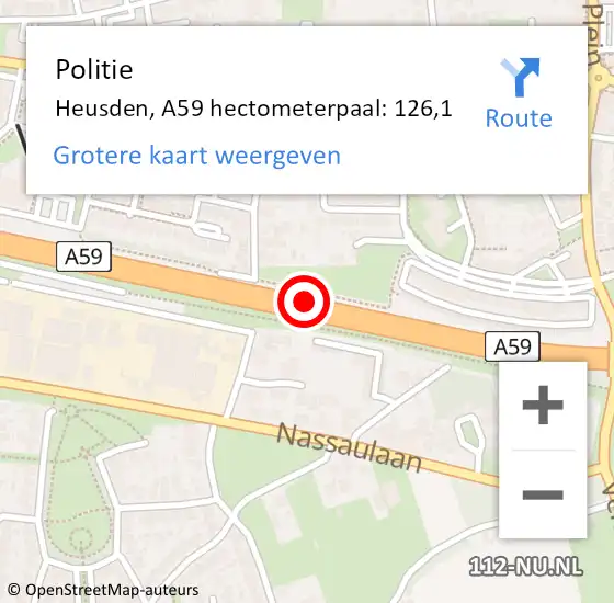 Locatie op kaart van de 112 melding: Politie Heusden, A59 hectometerpaal: 126,1 op 6 augustus 2021 21:23