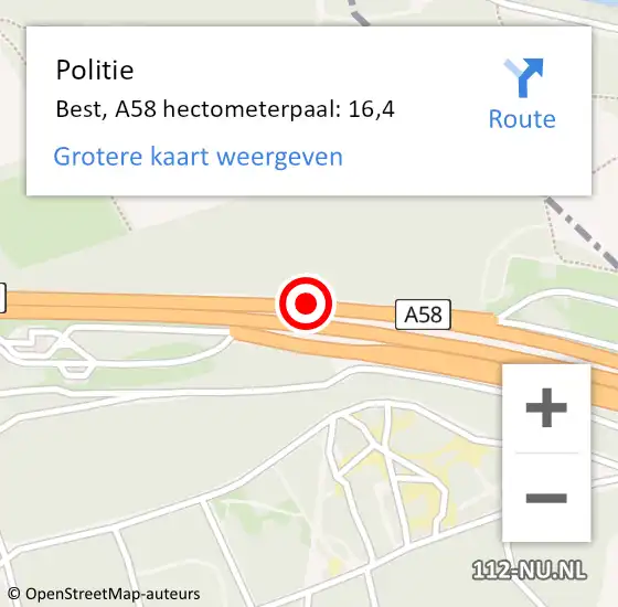 Locatie op kaart van de 112 melding: Politie Best, A58 hectometerpaal: 16,4 op 6 augustus 2021 21:43