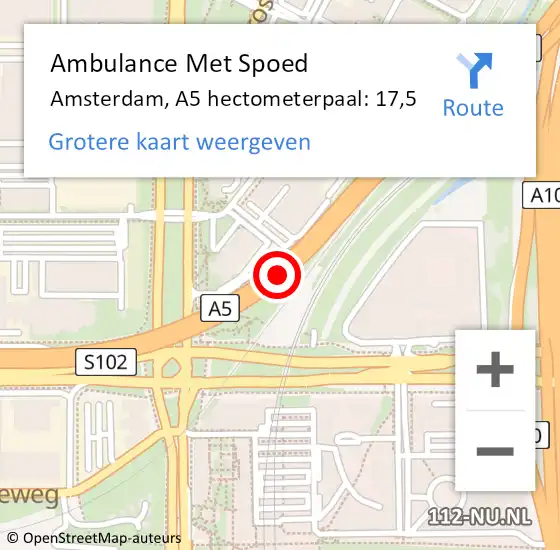 Locatie op kaart van de 112 melding: Ambulance Met Spoed Naar Amsterdam, A5 hectometerpaal: 17,5 op 6 augustus 2021 23:58