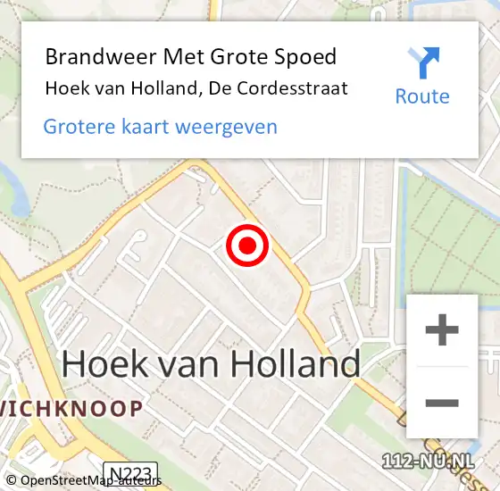 Locatie op kaart van de 112 melding: Brandweer Met Grote Spoed Naar Hoek van Holland, De Cordesstraat op 7 augustus 2021 08:32