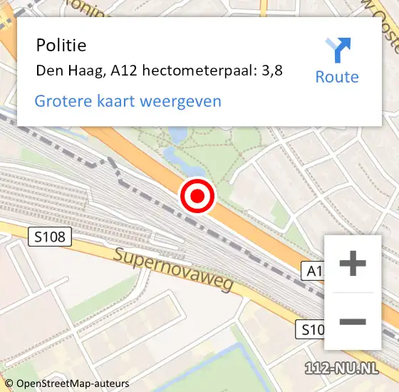 Locatie op kaart van de 112 melding: Politie Den Haag, A12 hectometerpaal: 3,8 op 7 augustus 2021 10:59