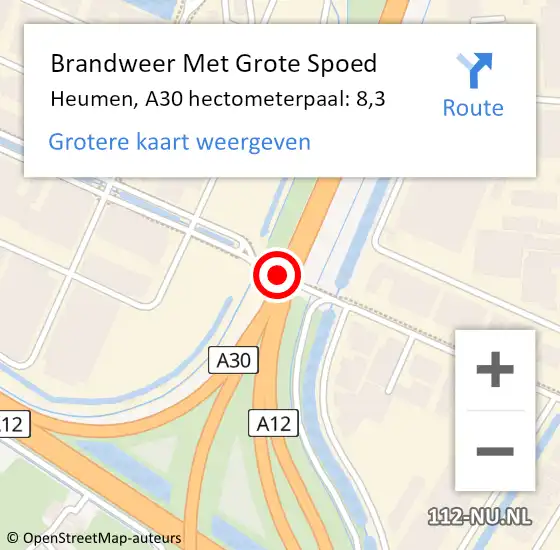 Locatie op kaart van de 112 melding: Brandweer Met Grote Spoed Naar Heumen, A30 hectometerpaal: 8,3 op 7 augustus 2021 11:45