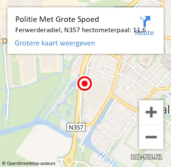 Locatie op kaart van de 112 melding: Politie Met Grote Spoed Naar Ferwerderadiel, N357 hectometerpaal: 11,6 op 7 augustus 2021 11:55