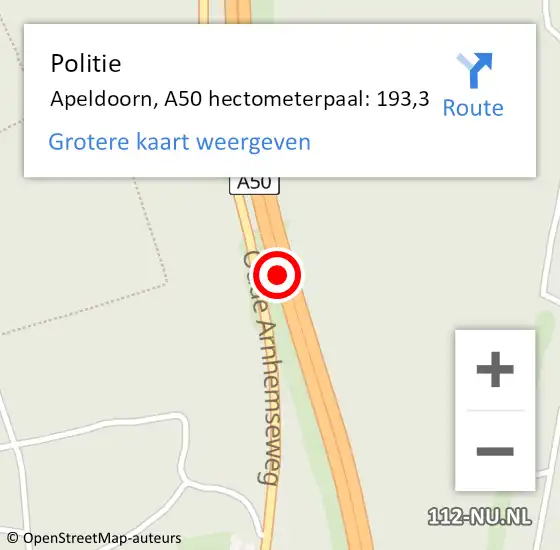 Locatie op kaart van de 112 melding: Politie Apeldoorn, A50 hectometerpaal: 193,3 op 7 augustus 2021 13:24