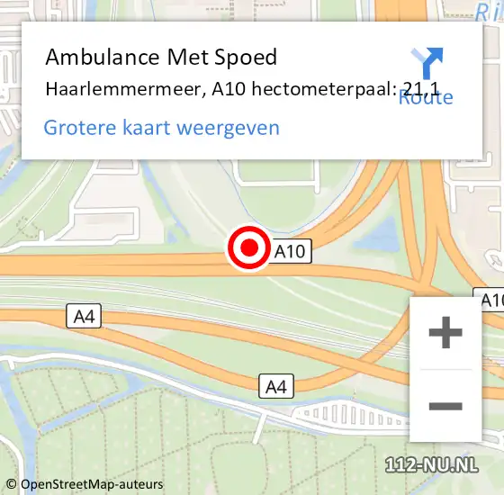 Locatie op kaart van de 112 melding: Ambulance Met Spoed Naar Haarlemmermeer, A10 hectometerpaal: 21,1 op 7 augustus 2021 16:22