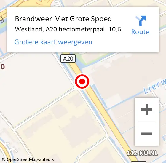 Locatie op kaart van de 112 melding: Brandweer Met Grote Spoed Naar Westland, A20 hectometerpaal: 10,6 op 7 augustus 2021 18:36