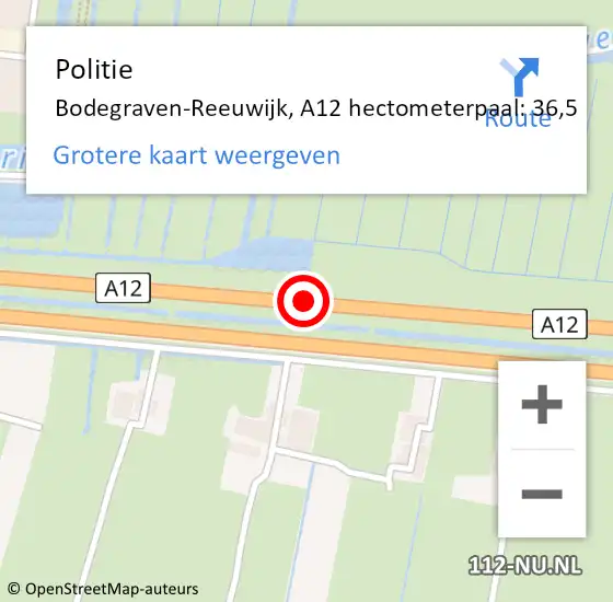 Locatie op kaart van de 112 melding: Politie Bodegraven-Reeuwijk, A12 hectometerpaal: 36,5 op 7 augustus 2021 19:23