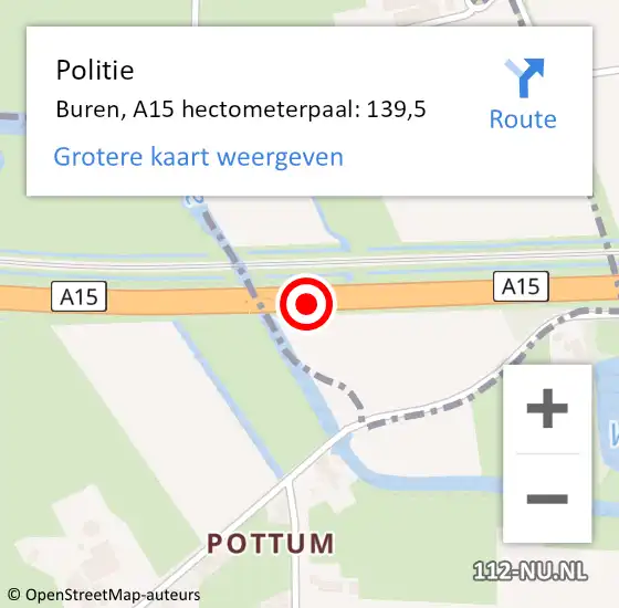 Locatie op kaart van de 112 melding: Politie Buren, A15 hectometerpaal: 139,5 op 7 augustus 2021 20:20