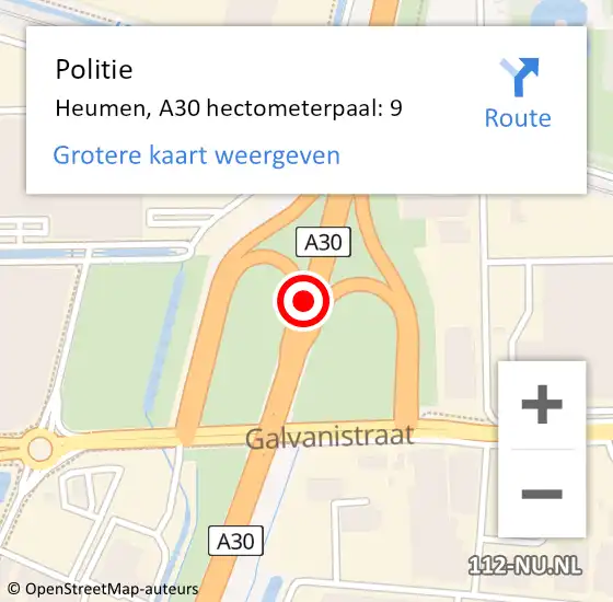 Locatie op kaart van de 112 melding: Politie Heumen, A30 hectometerpaal: 9 op 7 augustus 2021 20:32