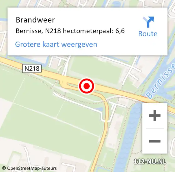 Locatie op kaart van de 112 melding: Brandweer Bernisse, N218 hectometerpaal: 6,6 op 7 augustus 2021 21:31