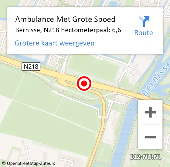 Locatie op kaart van de 112 melding: Ambulance Met Grote Spoed Naar Bernisse, N218 hectometerpaal: 6,6 op 7 augustus 2021 21:34