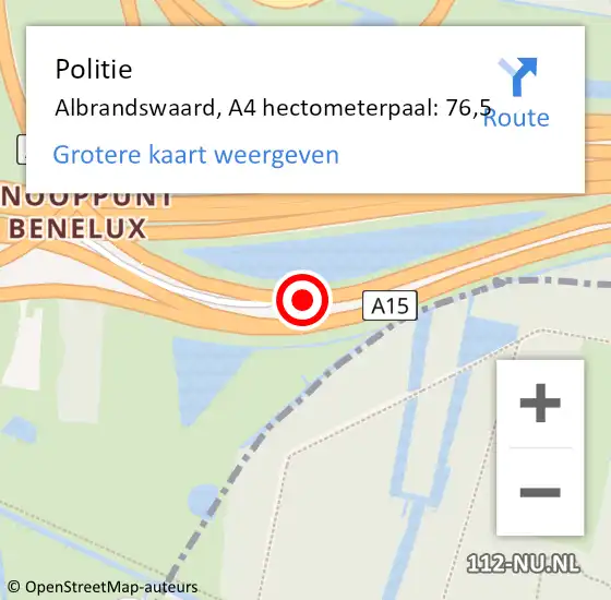 Locatie op kaart van de 112 melding: Politie Albrandswaard, A4 hectometerpaal: 76,5 op 7 augustus 2021 23:53