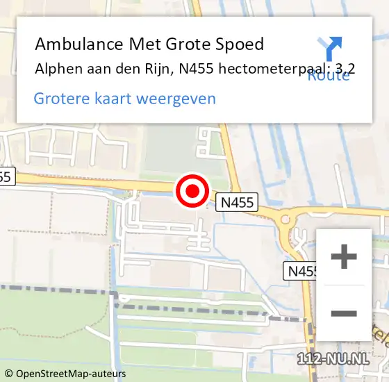 Locatie op kaart van de 112 melding: Ambulance Met Grote Spoed Naar Alphen aan den Rijn, N455 hectometerpaal: 3,2 op 7 augustus 2021 23:57