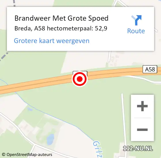 Locatie op kaart van de 112 melding: Brandweer Met Grote Spoed Naar Breda, A58 hectometerpaal: 52,9 op 8 augustus 2021 00:22