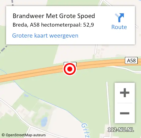 Locatie op kaart van de 112 melding: Brandweer Met Grote Spoed Naar Breda, A58 hectometerpaal: 52,9 op 8 augustus 2021 00:25