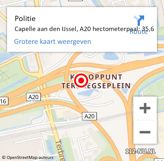 Locatie op kaart van de 112 melding: Politie Rotterdam, A20 hectometerpaal: 35,6 op 8 augustus 2021 06:07