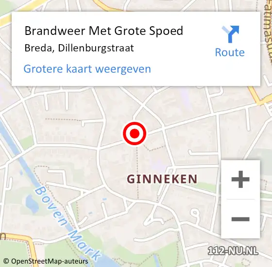 Locatie op kaart van de 112 melding: Brandweer Met Grote Spoed Naar Breda, Dillenburgstraat op 8 augustus 2021 07:48