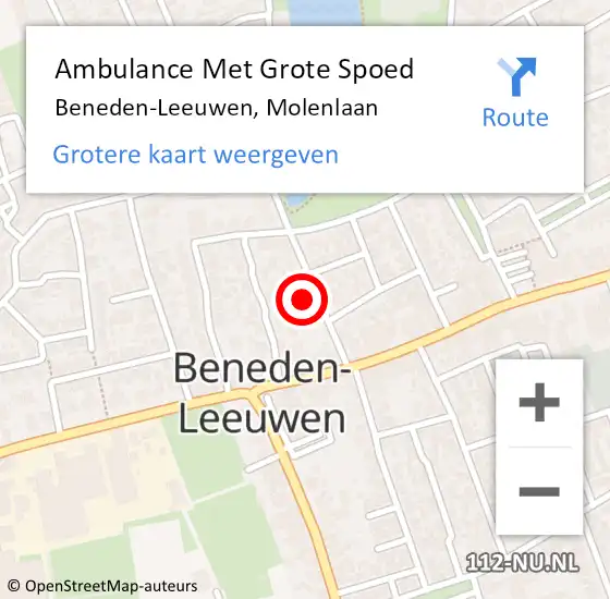 Locatie op kaart van de 112 melding: Ambulance Met Grote Spoed Naar Beneden-Leeuwen, Molenlaan op 8 augustus 2021 08:35