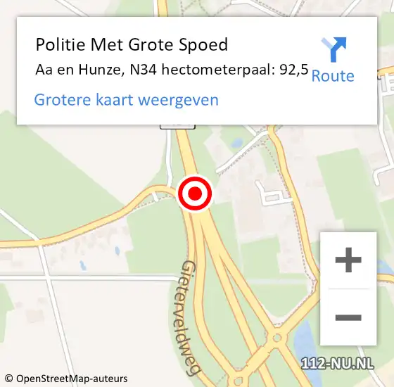 Locatie op kaart van de 112 melding: Politie Met Grote Spoed Naar Aa en Hunze, N34 hectometerpaal: 92,5 op 8 augustus 2021 10:46