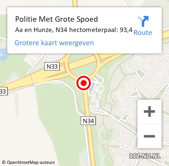 Locatie op kaart van de 112 melding: Politie Met Grote Spoed Naar Aa en Hunze, N34 hectometerpaal: 93,4 op 8 augustus 2021 10:47